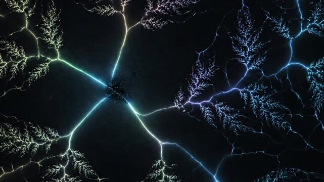 Ethereal Fractal Veins A close-up, macro perspective of a luminous, crystalline branching pattern intricately forming and spreading across a dark, abstract void, akin to glowing energy veins.
