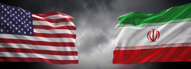 Fototapeta na wymiar United States of America and Iran Flags Facing Each Other Aganist Dramatic Cloudy Sky. Flags are modelled and rendered.