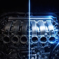 High Performance Engine Concept with Futuristic Blue Tech Overlay