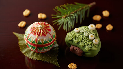 Decorative Christmas ornament and gingerbread cookie on dark surface.