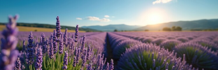 Field of purple lavender flowers under blue sky with sun. Endless rows of blooming plants stretch to distant hills. Natural landscape with fragrance and beauty.