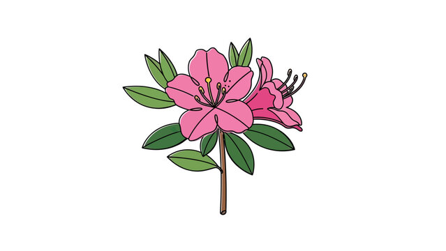 Vector illustration of azalea flowers in pink and green, with black outlines, on white