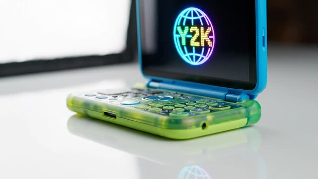 Compact electronic device with colorful screen on white surface