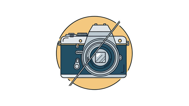 A graphic illustration of a vintage camera with a no-entry symbol, set against an orange circle