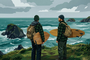 Two surfers with backpacks gaze at the vast, stormy ocean from a grassy cliff. An adventurous scene of exploration and wild nature on a dramatic coast.