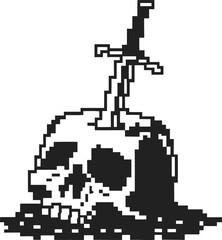 Obraz premium pixel art black and white skull half buried in ground with cracked structure and dark shadows