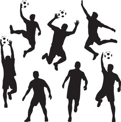 Silhouettes of soccer players in various poses with balls  kicking and jumping