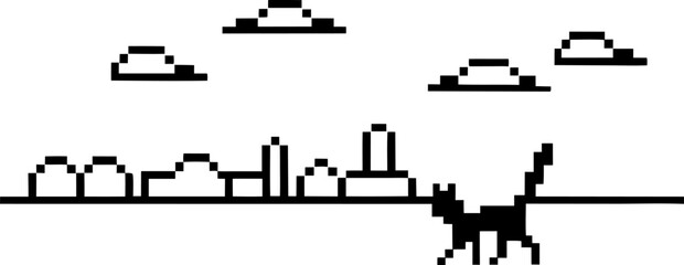 Obraz premium Pixel art of black cat walking near a city skyline with clouds on white background