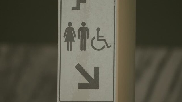 Restroom direction sign showing wheelchair access and arrow indoors