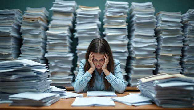 Woman stressed with piles of documents on office desk. Female feels overwhelmed by paperwork, workload. She has headache, tired eyes, holds head in hands.
