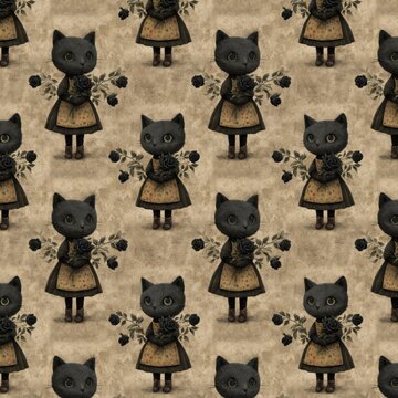 Seamless gothic black cat holding dark roses vintage illustration pattern