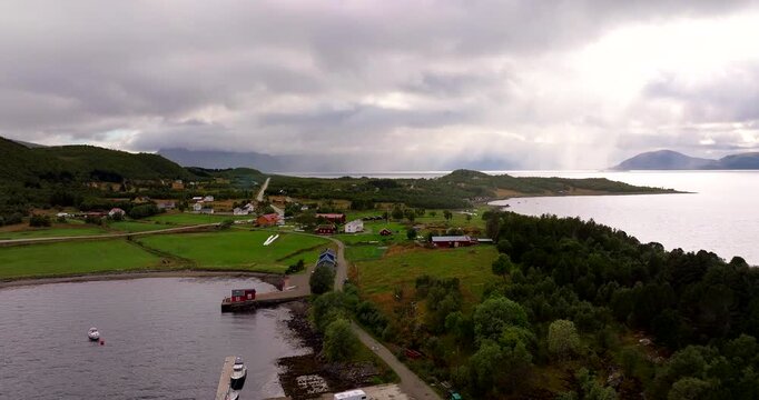Kvitness Gaard wedding venue and restaurant, Sortland, Vesteraalen, Norway. Drone coastal