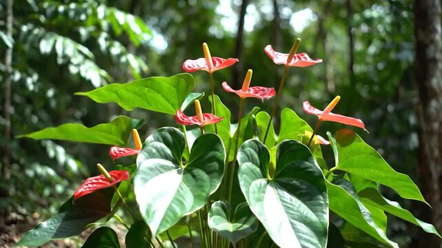 Vibrant red anthurium flowers with green leaves thrive in a lush tropical