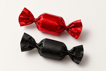 Two realistic candy wrappers placed diagonally on white  background &mdash; one glossy red wrapper on top and one matte black wrapper below