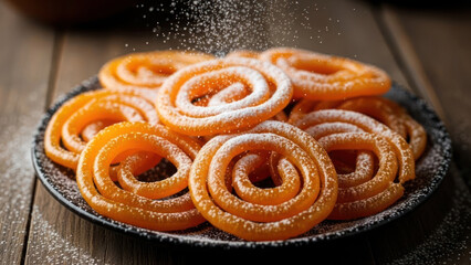 Sweet, spiral-shaped Indian dessert garnished with powdered sugar on a plate.