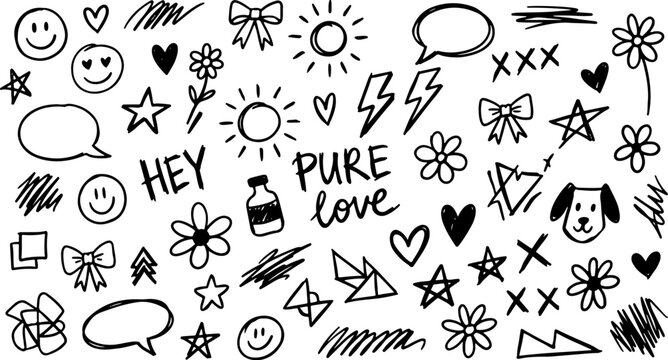 hand drawn love doodle seamless pattern with hearts stars speech bubbles flowers arrows and pure love lettering black and white vector background