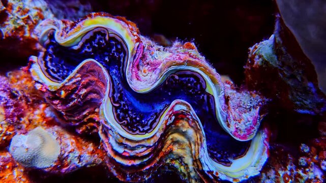 Underwater close-up of a giant clam (Tridacna maxima) resting on a coral reef in the Red Sea near Sharm El Sheikh, Egypt. Colorful reef bivalve with purple and pink hues in a vibrant reef ecosystem.