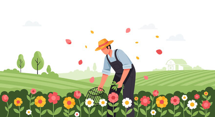 Farmer Harvesting Flowers in a Colorful Garden, Spring Season Illustration