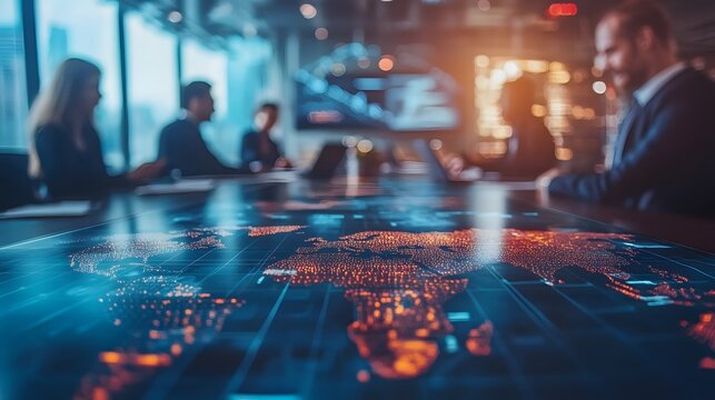 Business professionals gather around a futuristic digital table displaying a glowing global map with data points suggesting international expansion strategies in a modern conference room setting.