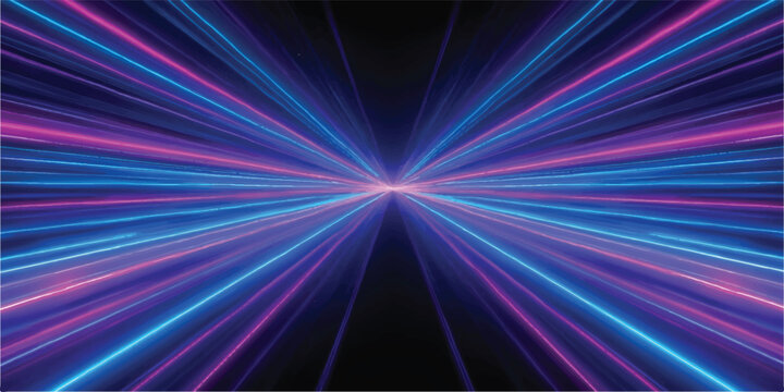 Expansive abstract background of converging neon blue and pink light streaks, suggesting hyper-speed travel through a digital dimension.
