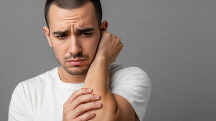 Man experiencing discomfort or pain in his wrist or elbow.