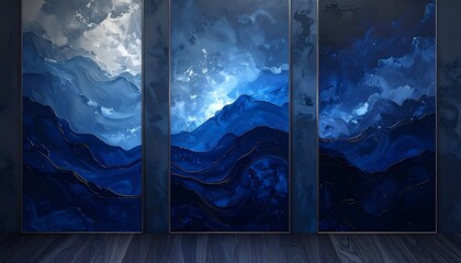 Abstract Blue Mountain Landscape Multi Panel Wall Art Background, Modern Moody Nature Illustration