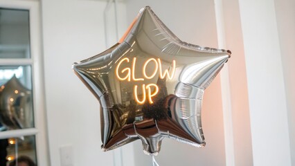 Silver Star Balloon with Glow Up Neon Sign for Celebrations