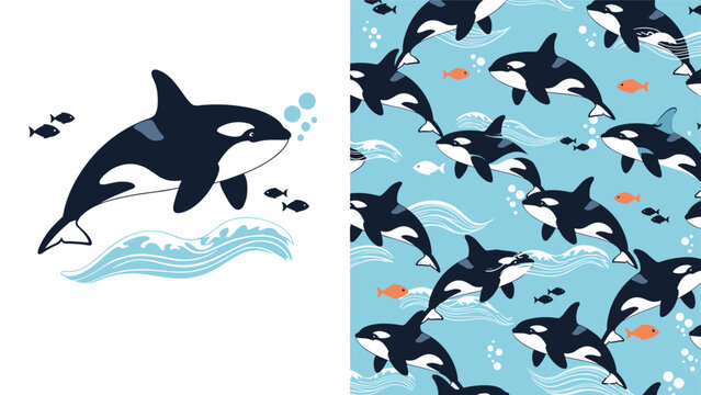 Marine life illustration features a large orca jumping over waves next to a matching seamless pattern with multiple killer whales.