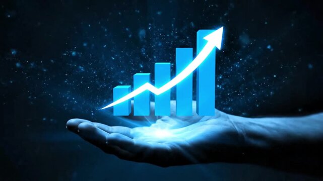 Glowing blue digital bar chart featuring an upward trending arrow representing financial success held delicately in an open human palm against a dark mysterious background.