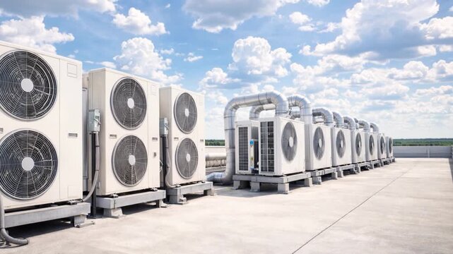 Air conditioning (HVAC) installed on the roof of industrial buildings.
