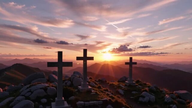 "Silhouette of Three Holy Crosses on Mountain Peak at Dramatic Golden Sunset for Easter and Holy Week"