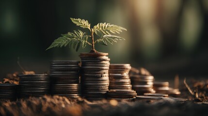 metaphor showing plant growing from coins under soft natural light
