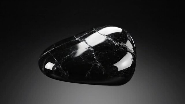 Polished black stone with white veins on dark background.
