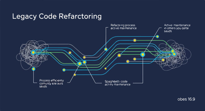 Legacy code refactoring concept, transforming complex old code into modern, efficient software architecture