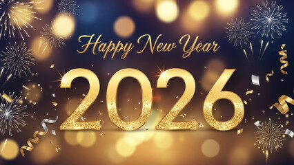 Festive "Happy New Year 2026" greeting with fireworks and golden accents.