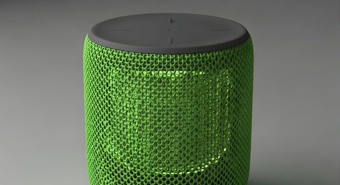 A close up view of a green amazon echo dot smart speaker on a gray surface