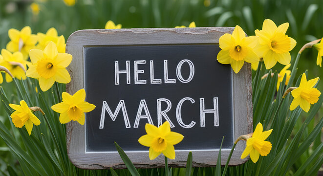 Hello March Pink Sign. Letter board with colorful tulips flat lay. Spring floral greeting concept. White bedding background with flowers