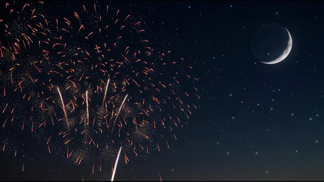 Fireworks display with crescent moon against a dark night sky