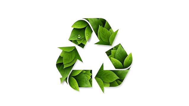 A green recycling symbol made of leaves on a white background