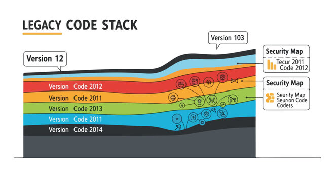 Abstract visualization of a legacy code stack, depicting software version evolution, layered code history, and security map integration in system development.