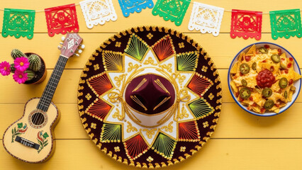 Festive setup with traditional sombrero, a bowl of tacos, guitar, and colorful decorations.