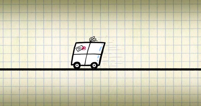 Fast delivery pack animation with black drawing line. Fast driving. Seamless loop exercise book grid  background.
