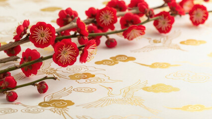 Red flowers on decorative paper with golden cloud and bird motifs.