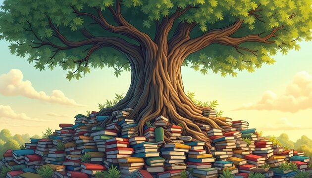 Tree with roots in pile of books. Concept of knowledge growth and learning. Symbol of wisdom education and life development. Nature inspired idea for study.