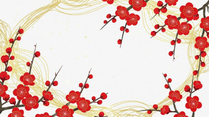decorative border with red blossoms and gold swirling lines on white background.