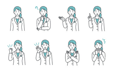 女性医師・薬剤師の表情・ポーズ8点セット（笑顔・疑問・案内・NGなど）