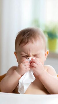 Sneezing baby with tissue, infant cold symptoms and seasonal allergy, childhood respiratory infections, pediatric flu, RSV, rhinitis, sinusitis, otitis media risk, daycare virus spread early immunity