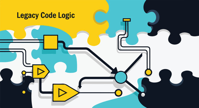 Abstract representation of legacy code logic with puzzle pieces and flow diagram elements, symbolizing complexity and integration.