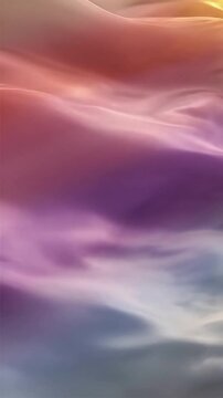 Sunrise Hues on Flowing Fabric A wide shot capturing a large swathe of iridescent fabric, displaying a gradient from deep rose to soft lavender, bathed in the golden-pink light of early morning.