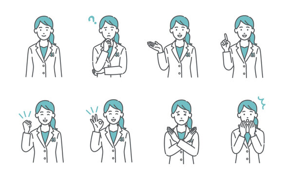 女性医師・薬剤師の表情・ポーズ8点セット（笑顔・疑問・案内・NGなど）